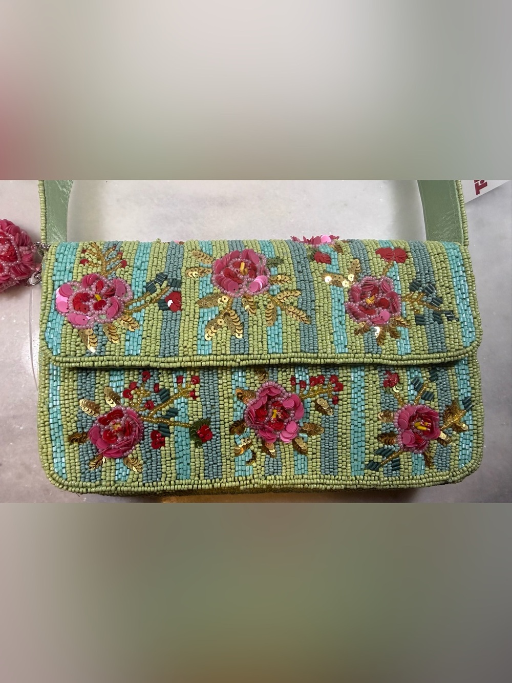 NEW RELEASE Pink Roses Beaded Bag With Green Stripes and Matching Charm NWT - Picture 7 of 9
